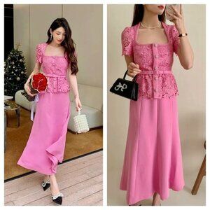 NWT NEW Self-Portrait Pink Lace Midi Dress Size 4 US 8 UK Guipure